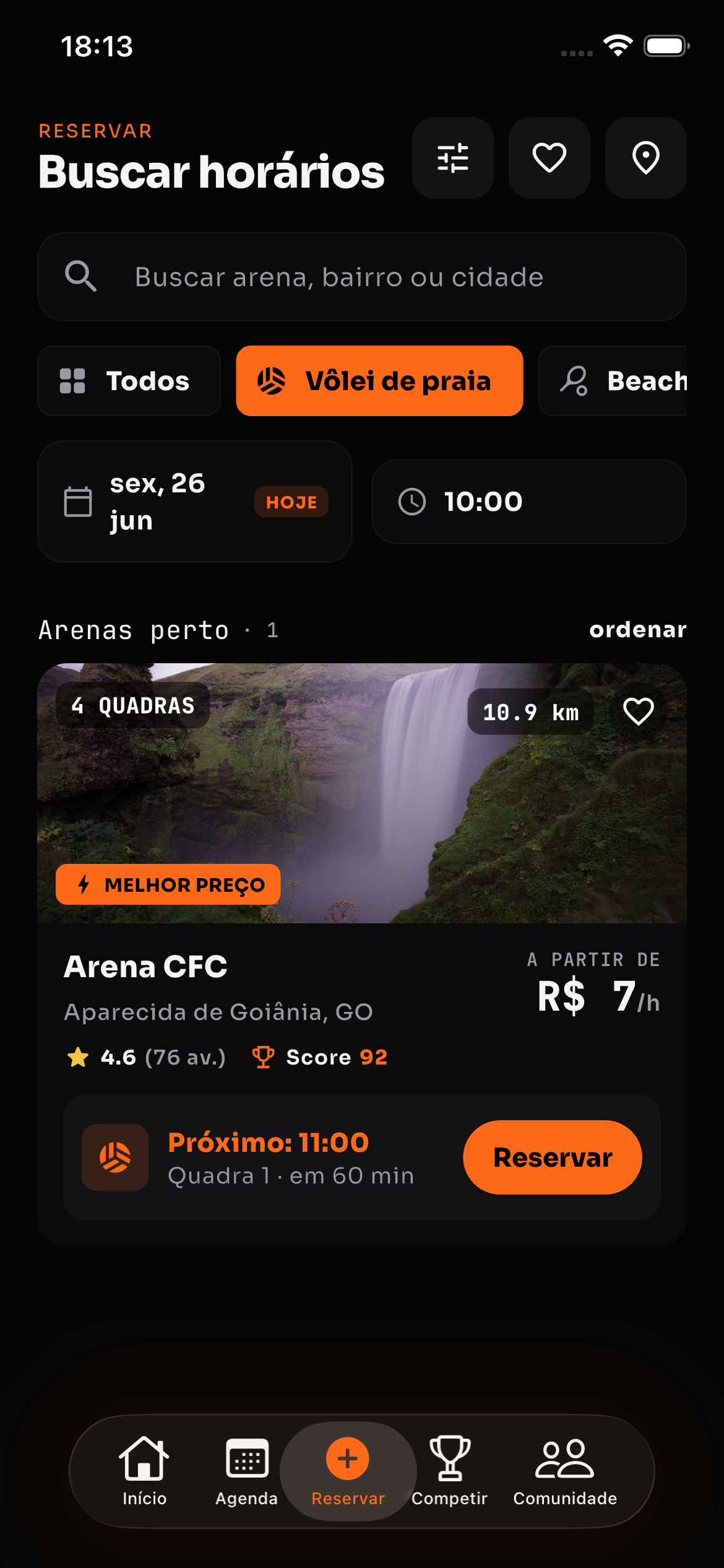 Tela de gerenciamento de arena do nexaGO, com quadras, horários, aluguéis e agenda
