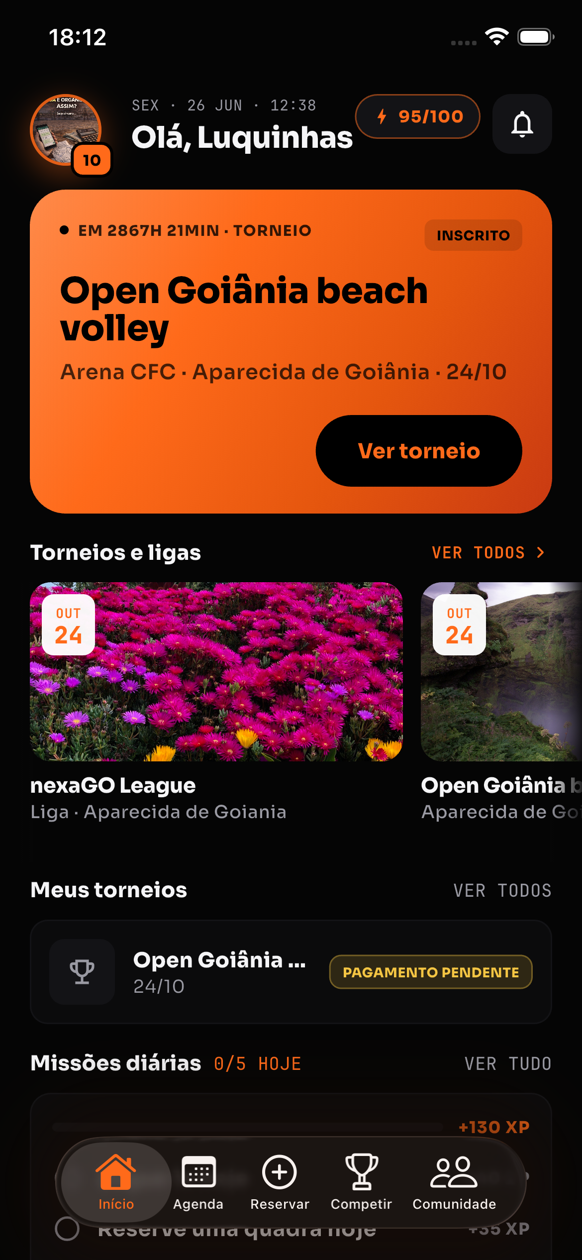 Tela inicial do app nexaGO para atletas, com torneio em destaque e missões