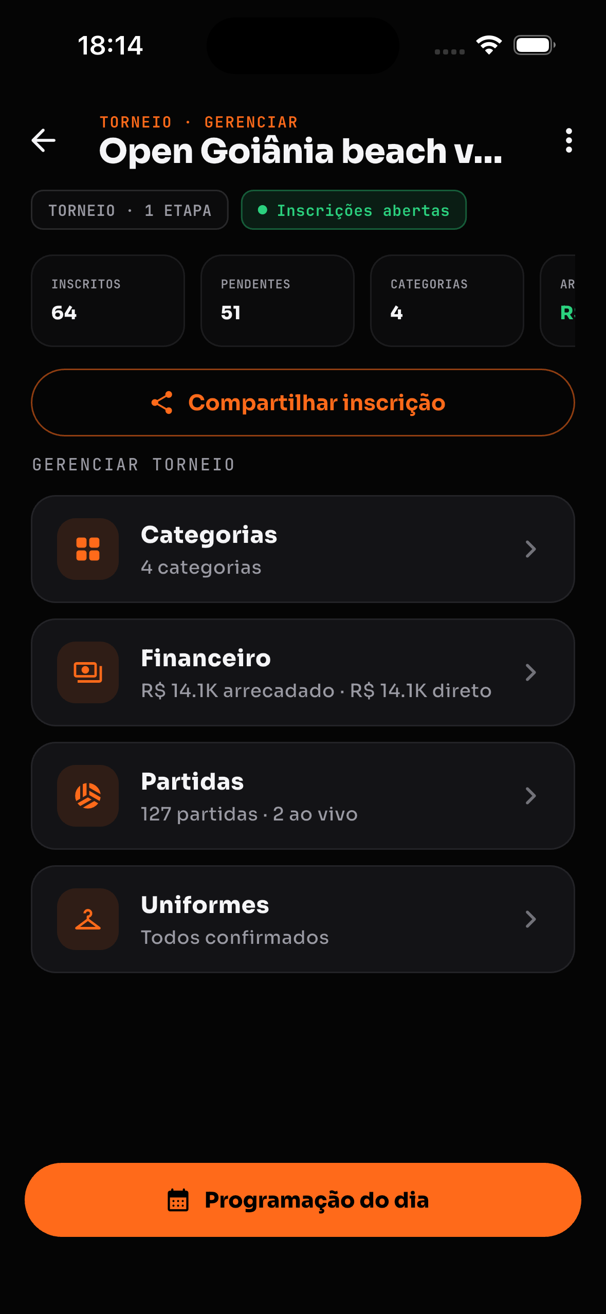 Tela de gerenciamento de torneio do nexaGO, com categorias, financeiro e partidas